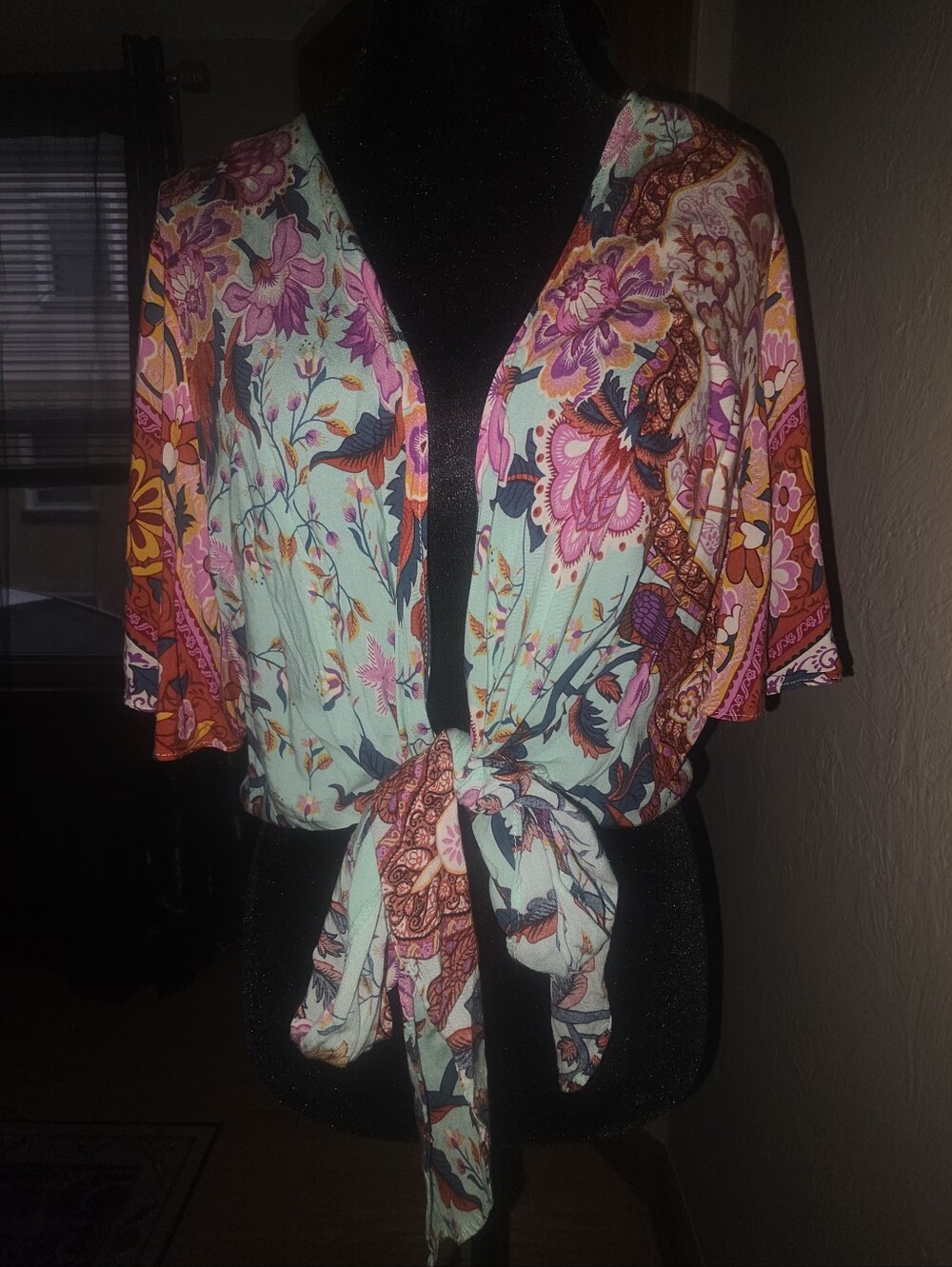 SHEIN Mint Floral Tie-Front Top with Pink Accents Size 0X